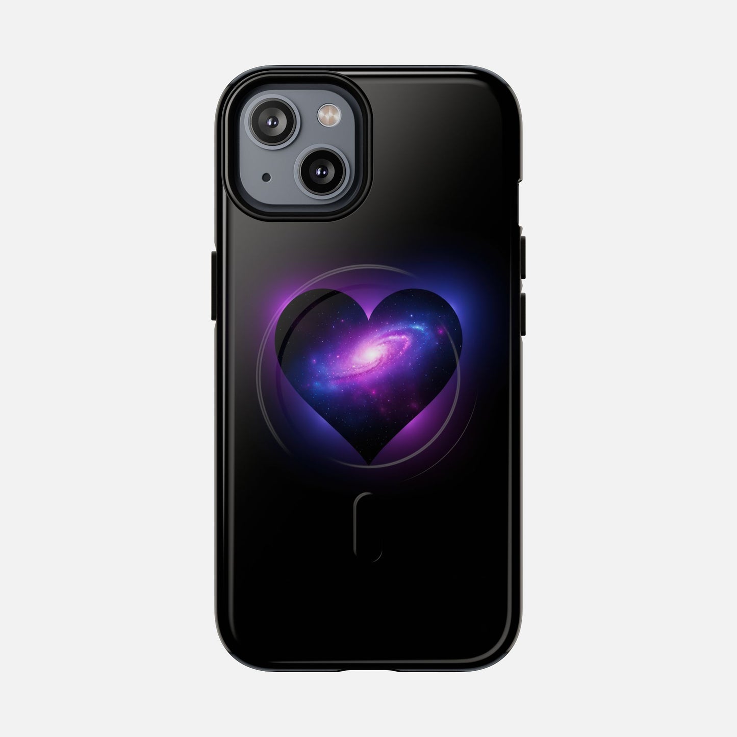 Galaxy Heart Tough Magnetic Phone Case — Magnetic Protective iPhone Cover with Purple Nebula Design iPhone 14 Glossy Phone Case