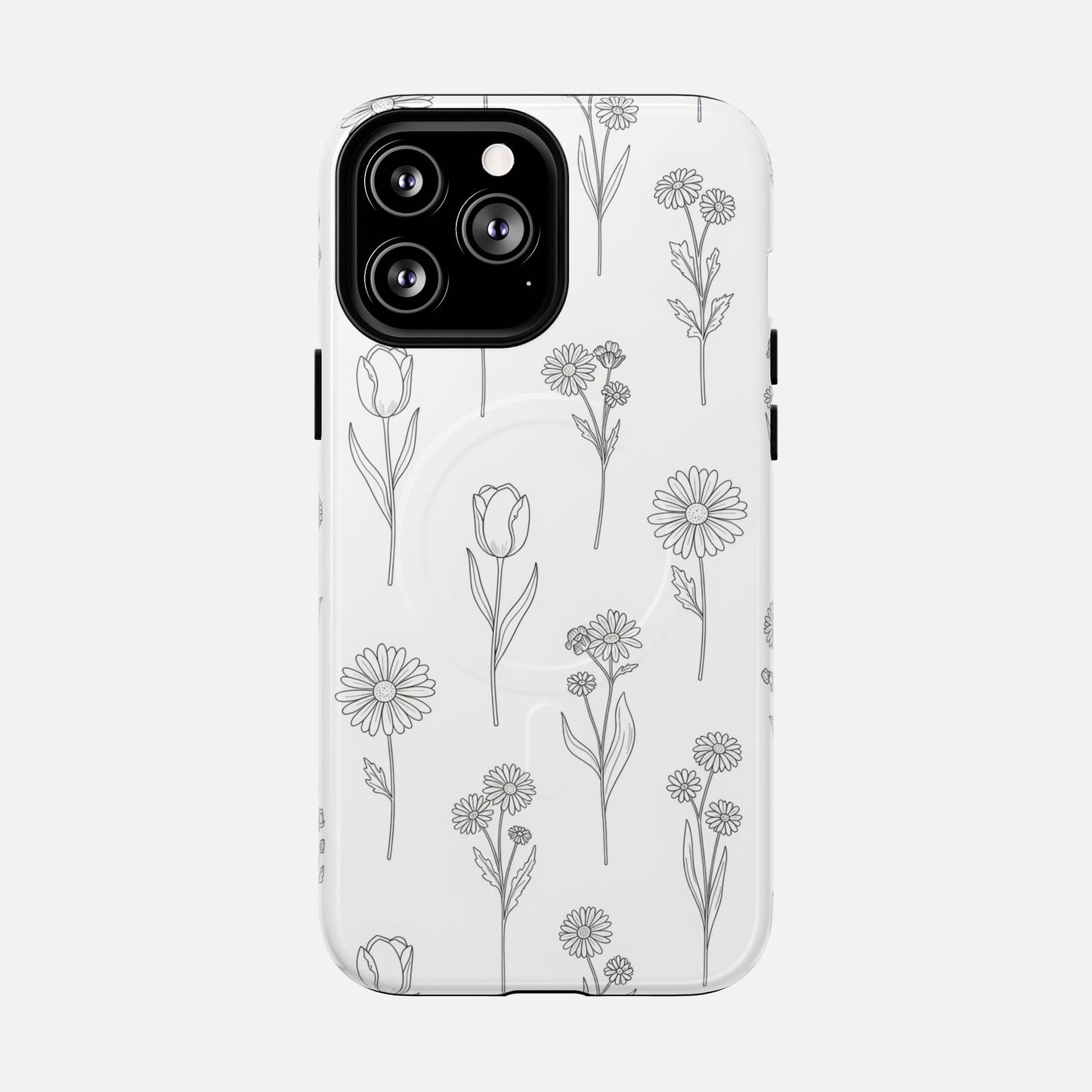 Floral Sketch Tough Magnetic Phone Case — Minimal Black Line Flower Design iPhone 13 Pro Max Glossy Phone Case