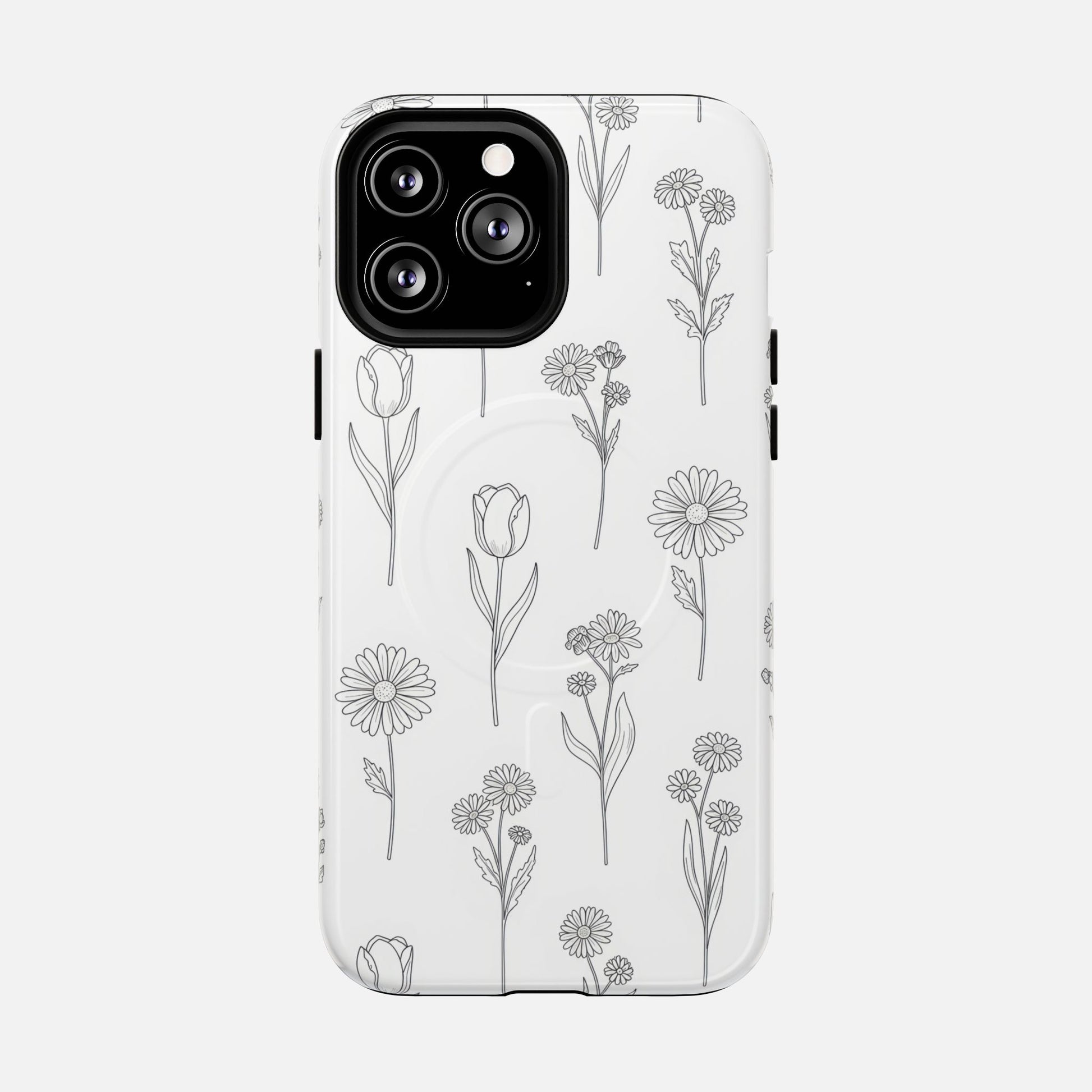 Floral Sketch Tough Magnetic Phone Case — Minimal Black Line Flower Design iPhone 13 Pro Max Glossy Phone Case