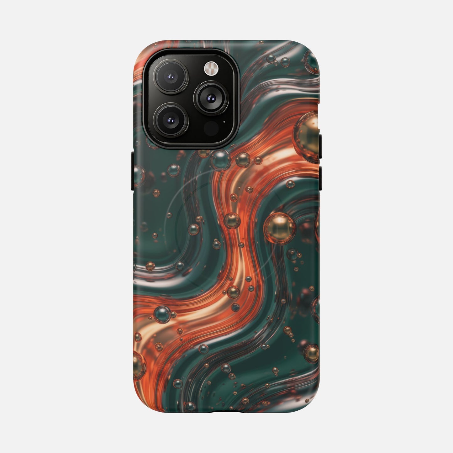 Emerald & Copper Liquid Swirl iPhone Case — Tough Magnetic | MagSafe Compatible