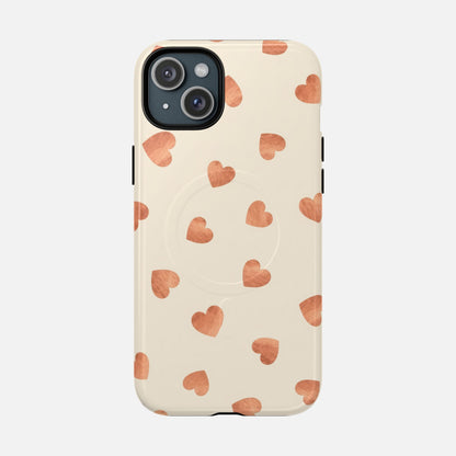 Heart Pattern Tough Magnetic Phone Case — Peach Watercolor Hearts, MagSafe Compatible iPhone 15 Plus Glossy Phone Case