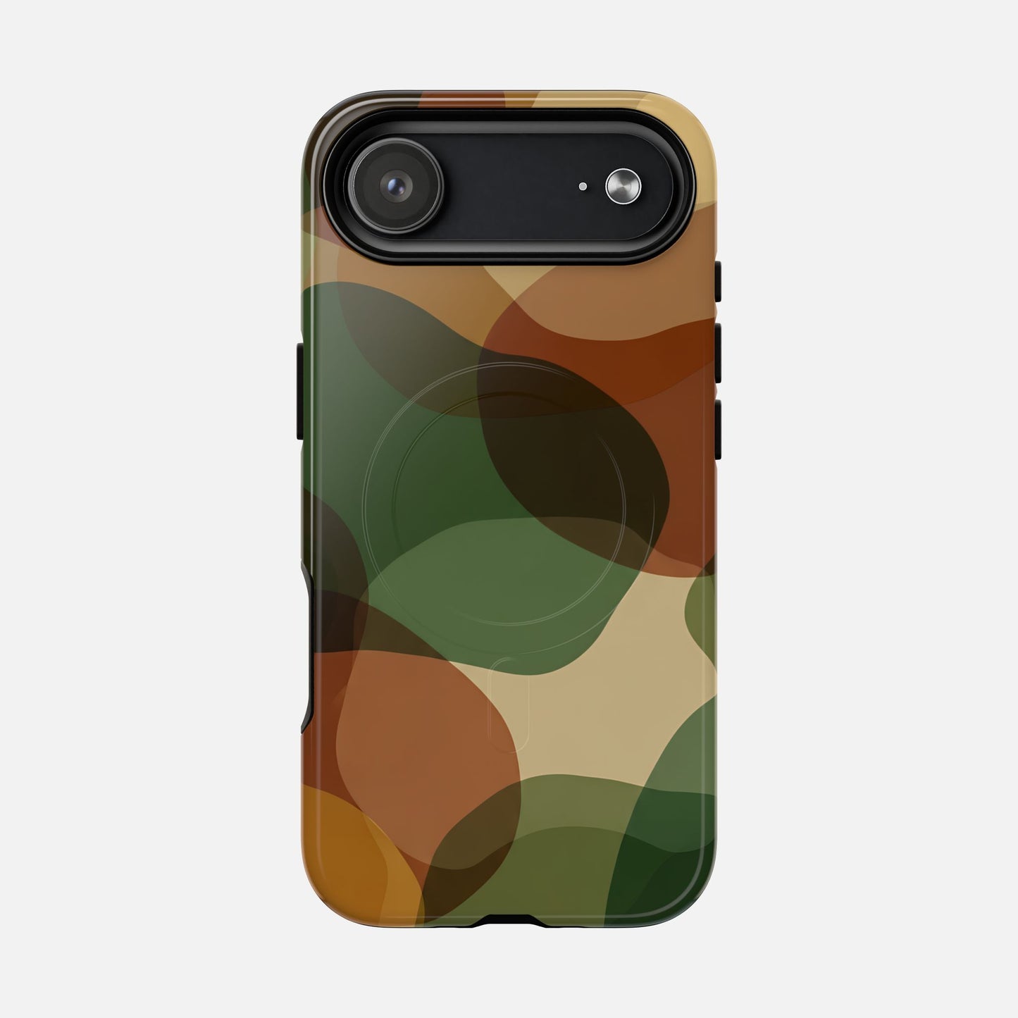 Camouflage phone case with green, brown, and tan abstract pattern for iPhone protection