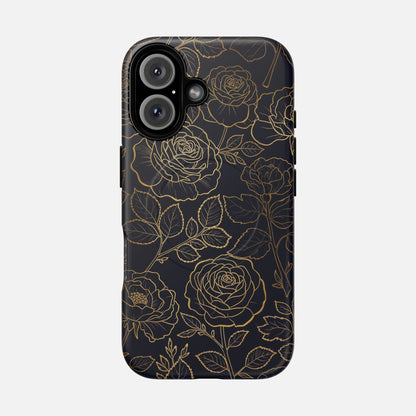 Floral Gold Outline Tough Magnetic Case — Elegant Black Rose Phone Cover iPhone 16 Matte Phone Case