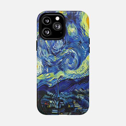 Van Gogh Starry Night phone case with swirling blue and yellow art design for iPhone