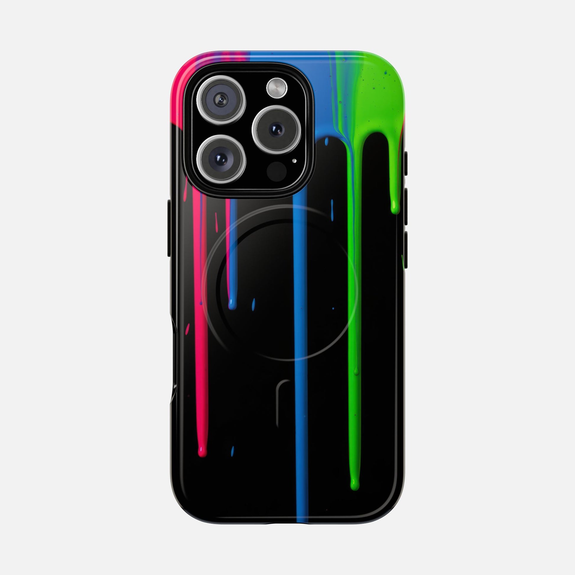 Neon Drip Tough Magnetic Case – Black Phone Cover with Bright Pink, Blue & Green Paint Drips iPhone 16 Pro Glossy Phone Case