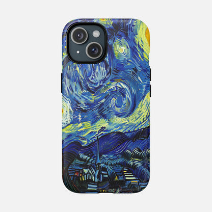 Starry Night Van Gogh art phone case with swirling blue and yellow design for iPhone