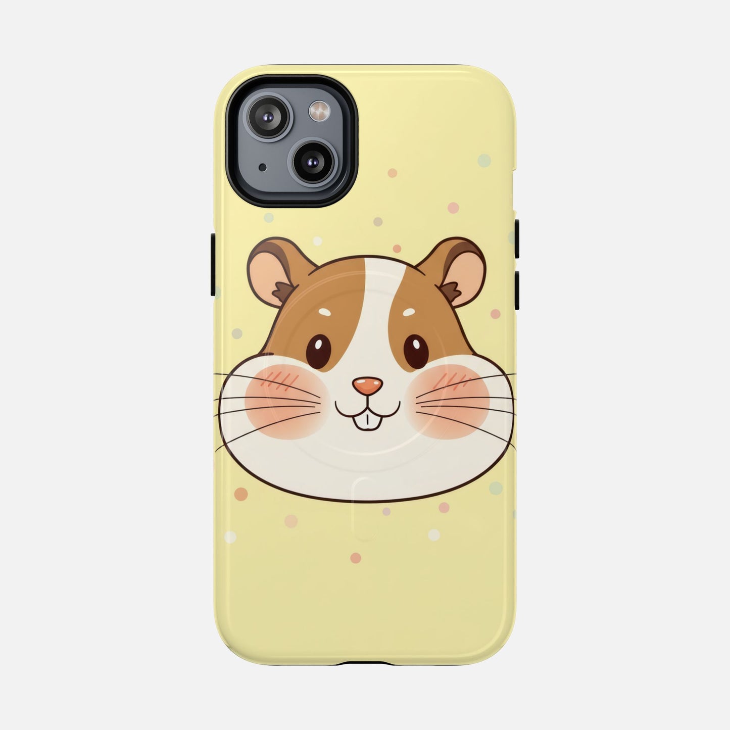 Cute hamster face phone case with pastel polka dots, perfect for iPhone protection and style