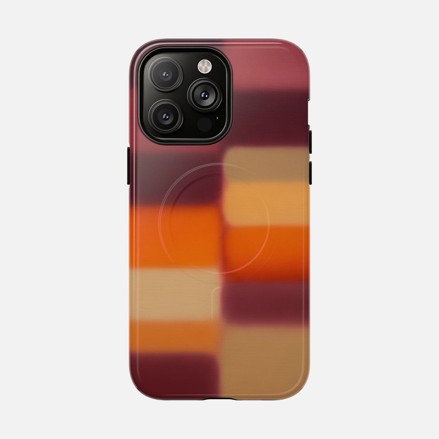 iPhone case with gradient plaid design in red, orange, and tan tones for modern phone protection