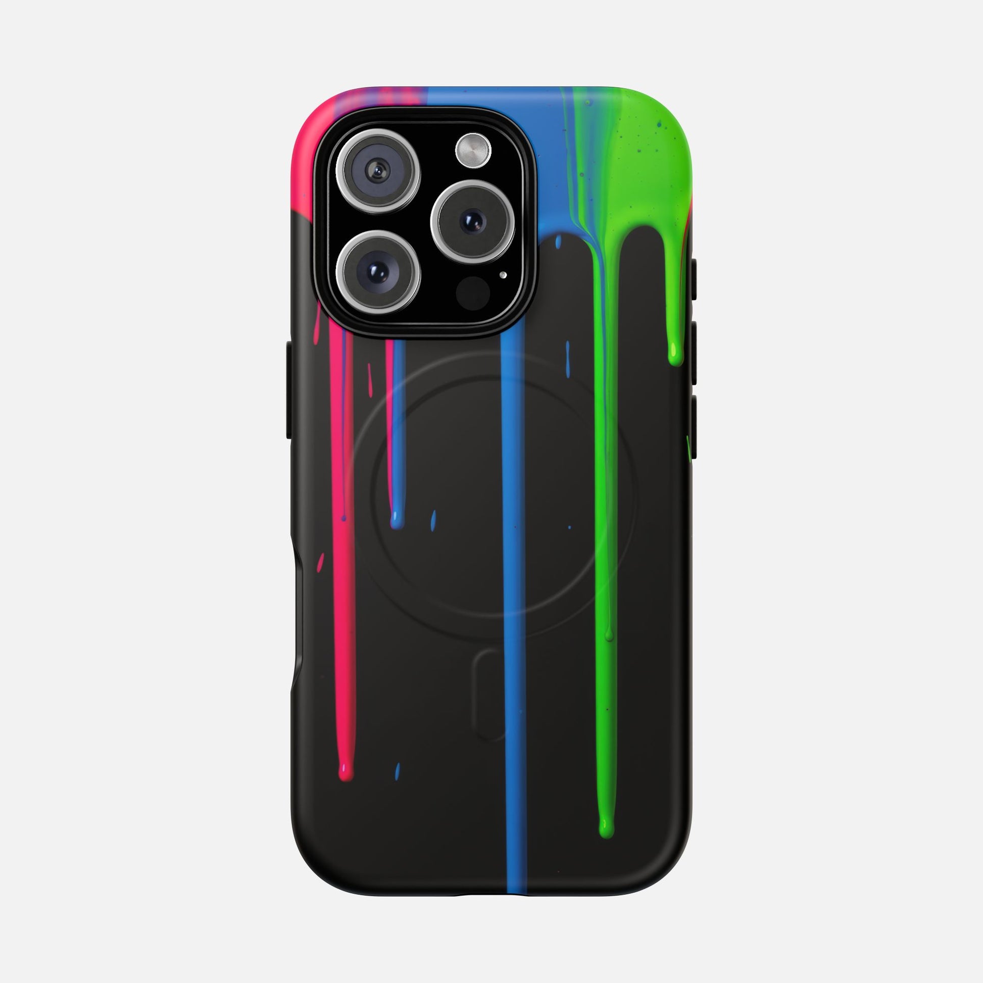 Neon Drip Tough Magnetic Case – Black Phone Cover with Bright Pink, Blue & Green Paint Drips iPhone 16 Pro Matte Phone Case