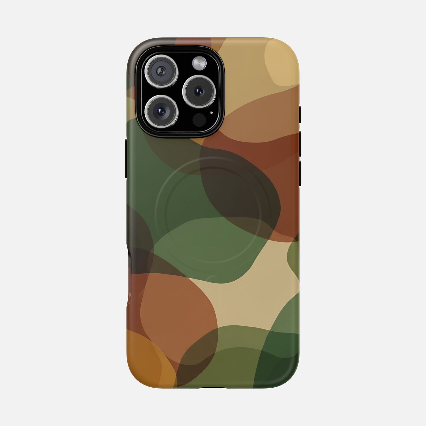 Camouflage phone case with green, brown, and tan pattern for iPhone Pro