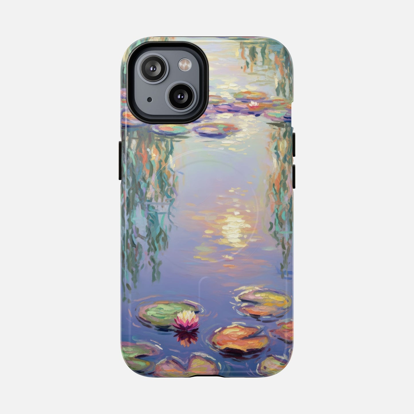iPhone case with Monet-style water lilies painting, artistic phone cover for protection and style