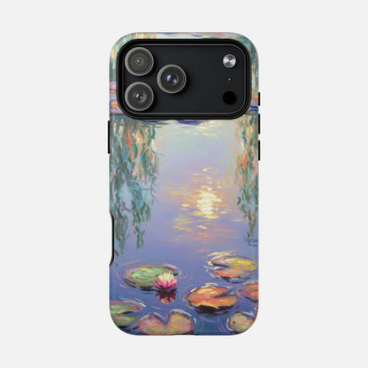iPhone case with Monet-style water lily pond painting, artistic phone protection