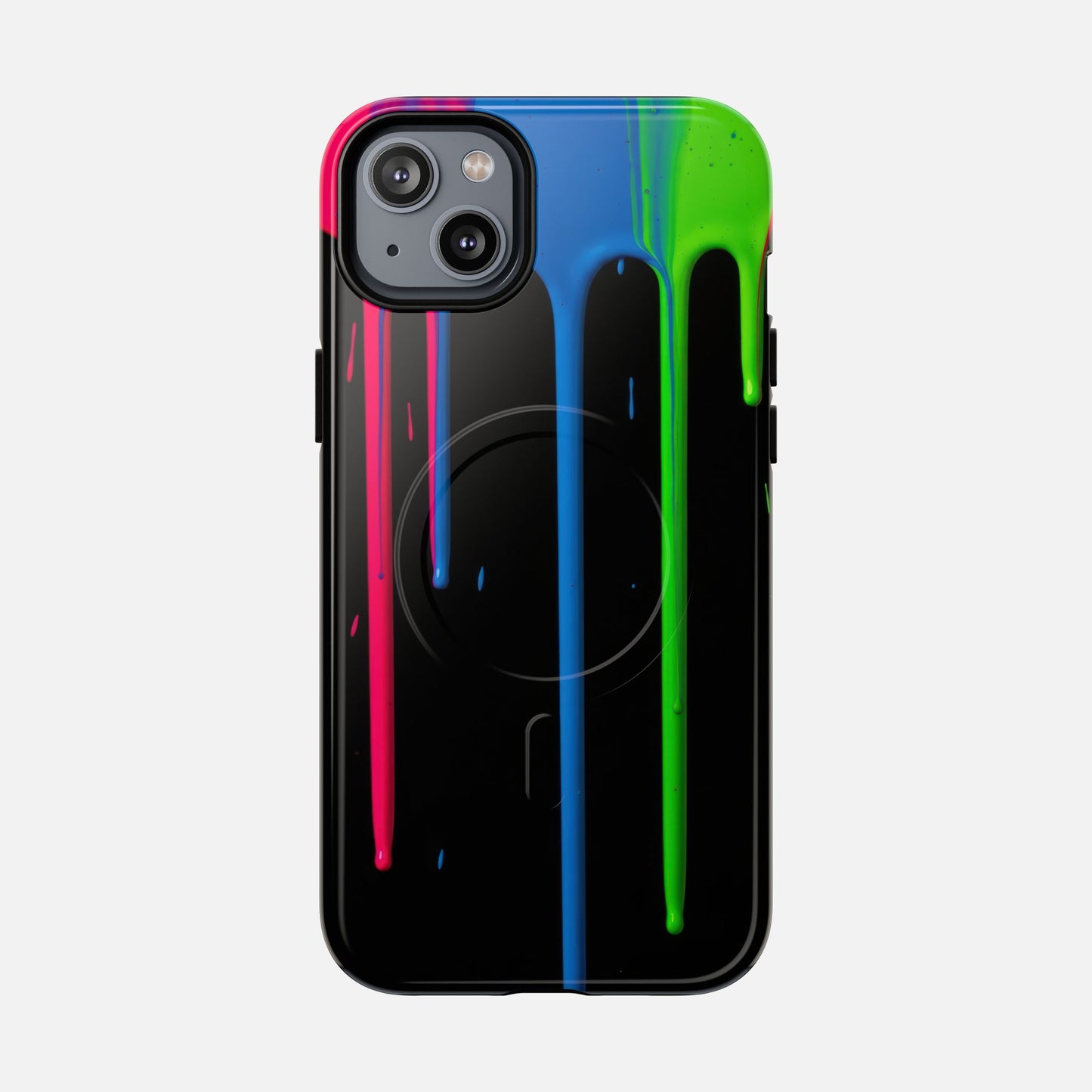 Neon Drip Tough Magnetic Case – Black Phone Cover with Bright Pink, Blue & Green Paint Drips iPhone 14 Plus Glossy Phone Case