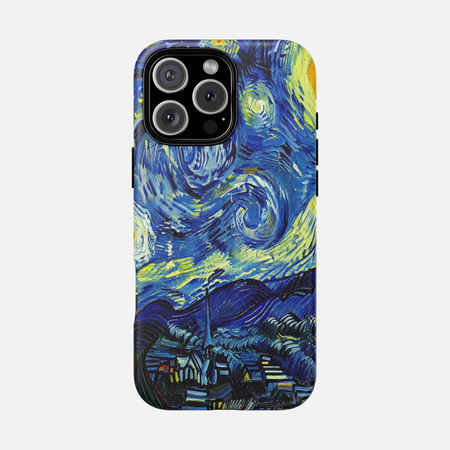 iPhone case with Van Gogh's Starry Night artwork, blue and yellow swirls, creative design