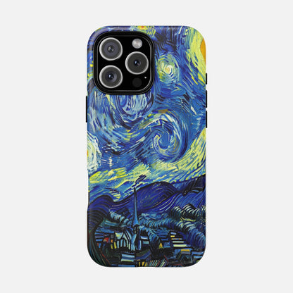 iPhone case with Van Gogh's Starry Night artwork, blue and yellow swirls, creative design