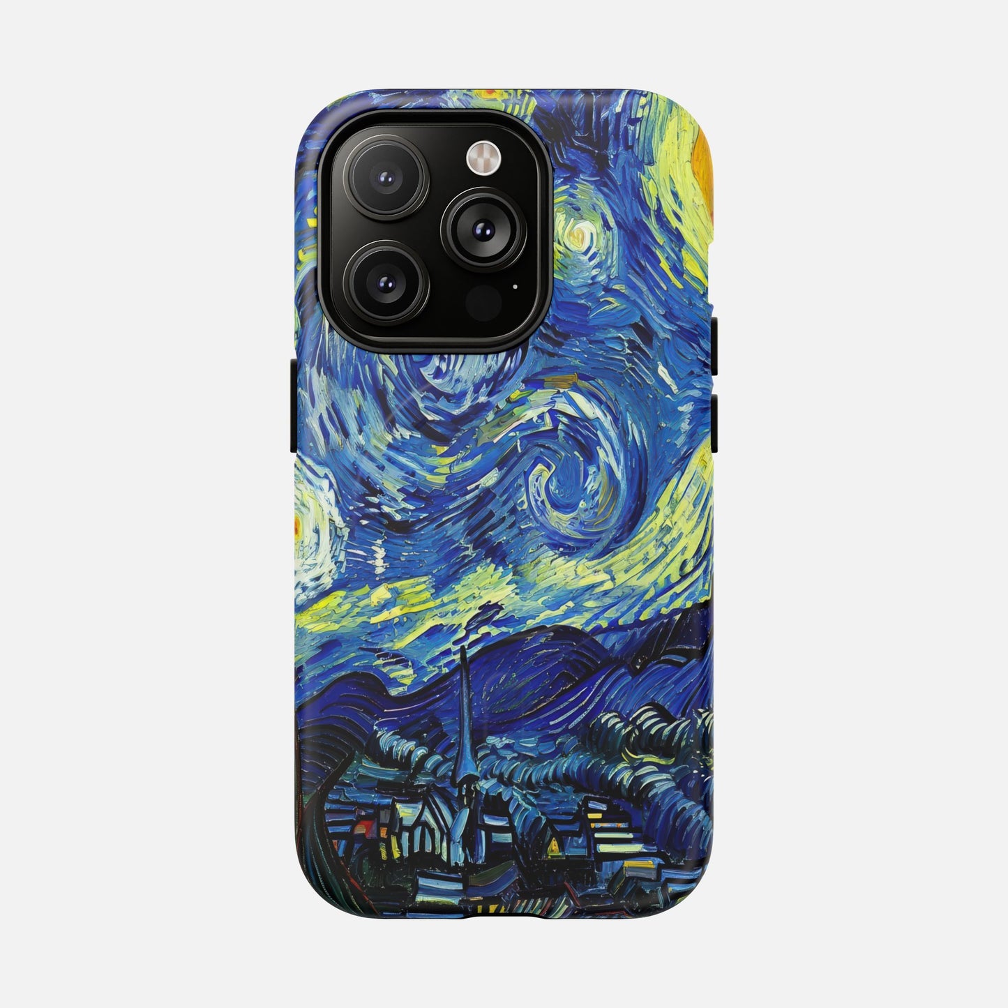 iPhone case with Van Gogh's Starry Night artwork, vibrant blue and yellow swirls, artistic phone protection