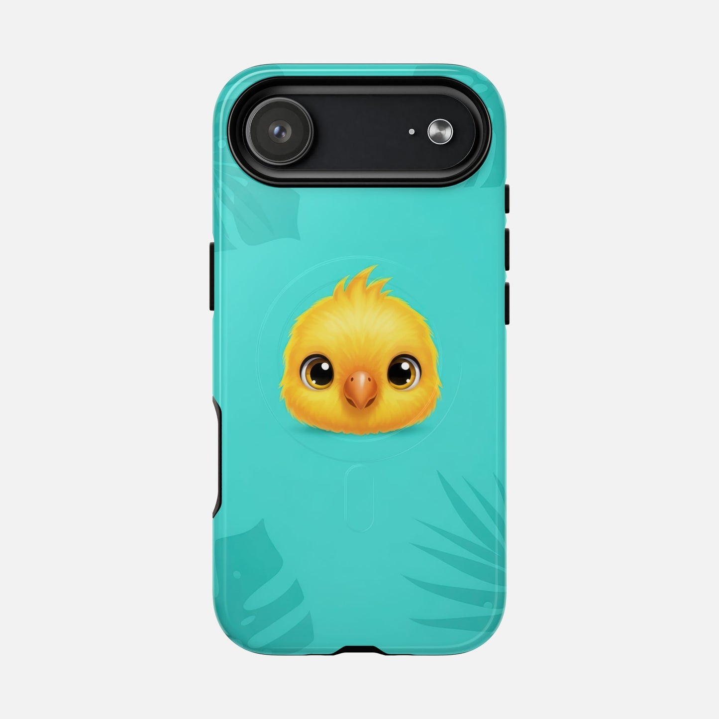 Cute yellow chick phone case with teal tropical leaf design, protective cover for iPhone