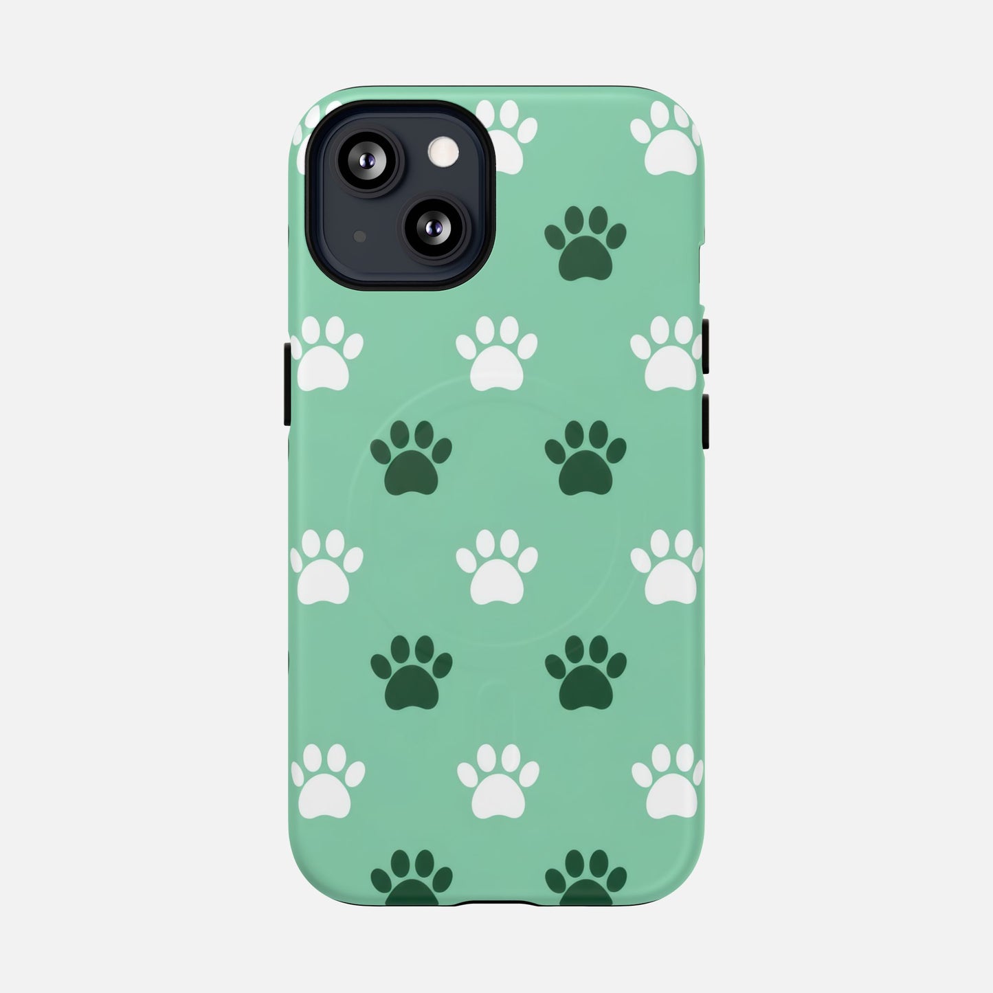 Mint green phone case with white and dark green paw print pattern, stylish pet-themed design for iPhone