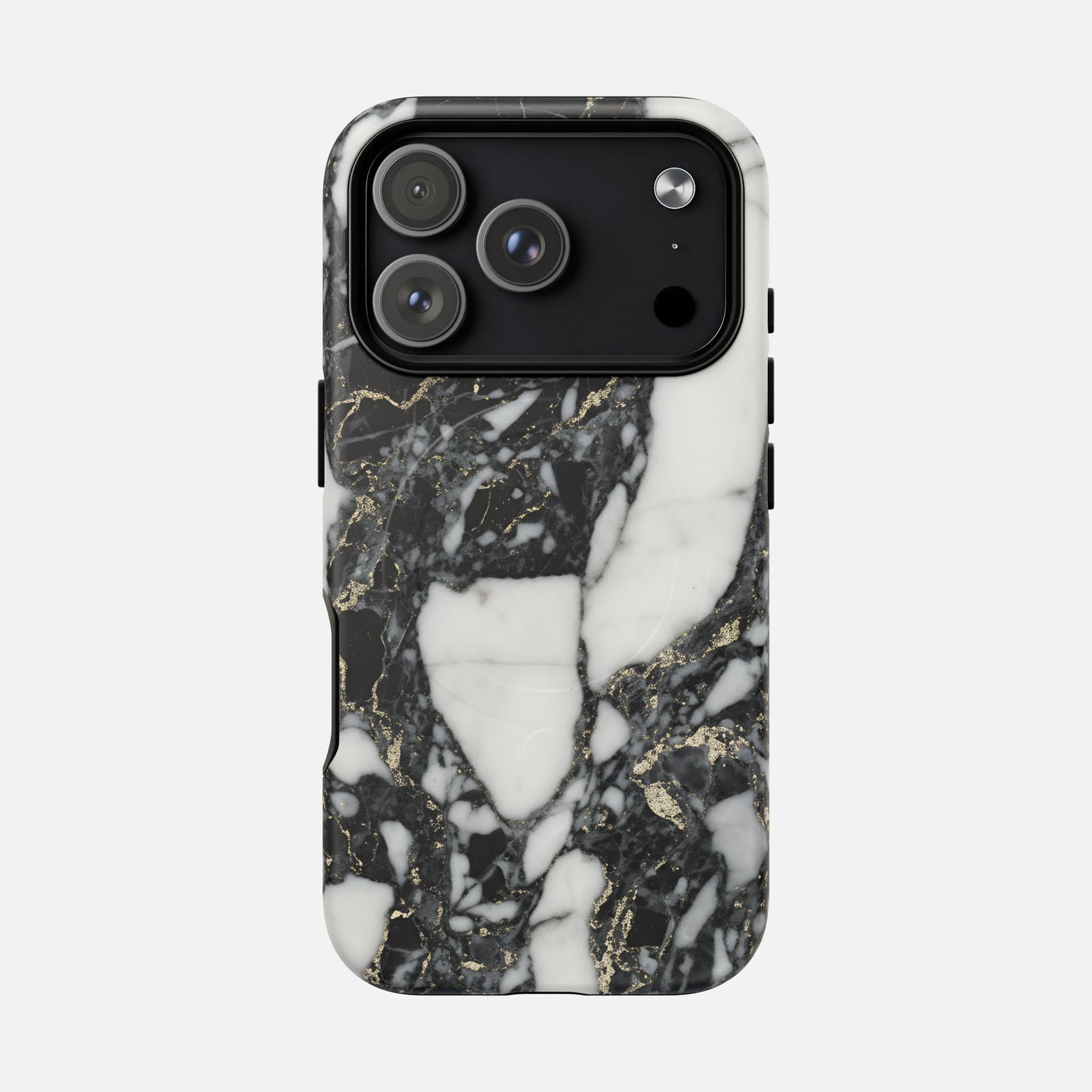Black and white marble phone case with gold accents on smartphone