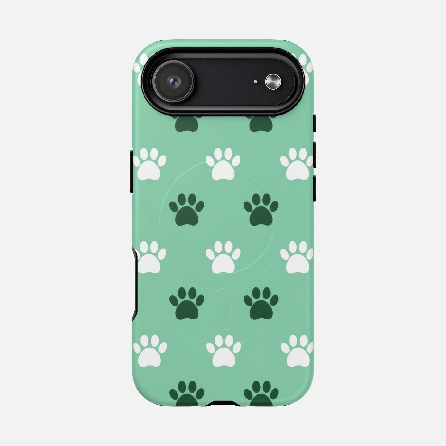 Mint green phone case with white and dark green paw print pattern, stylish and protective design