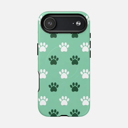 Mint green phone case with white and dark green paw print pattern, stylish and protective design