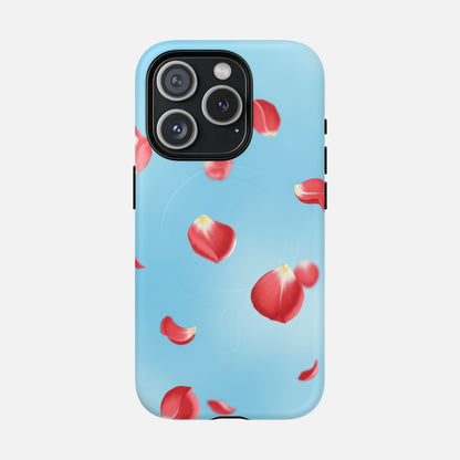 Light blue phone case with floating red rose petals, stylish floral design for iPhone
