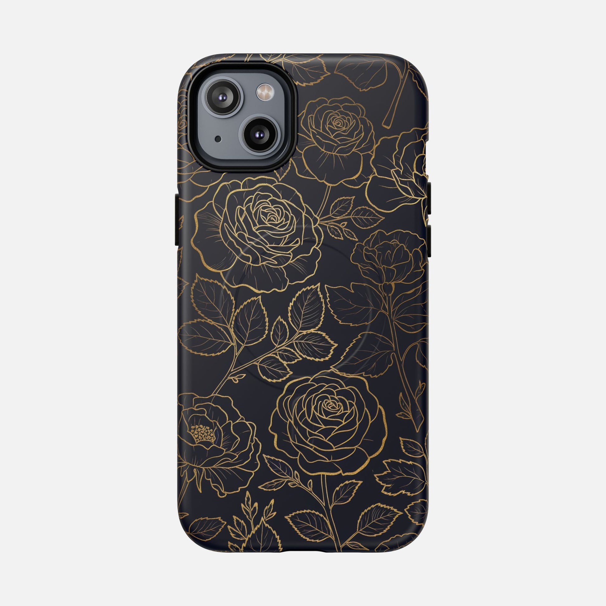 Floral Gold Outline Tough Magnetic Case — Elegant Black Rose Phone Cover iPhone 14 Plus Matte Phone Case