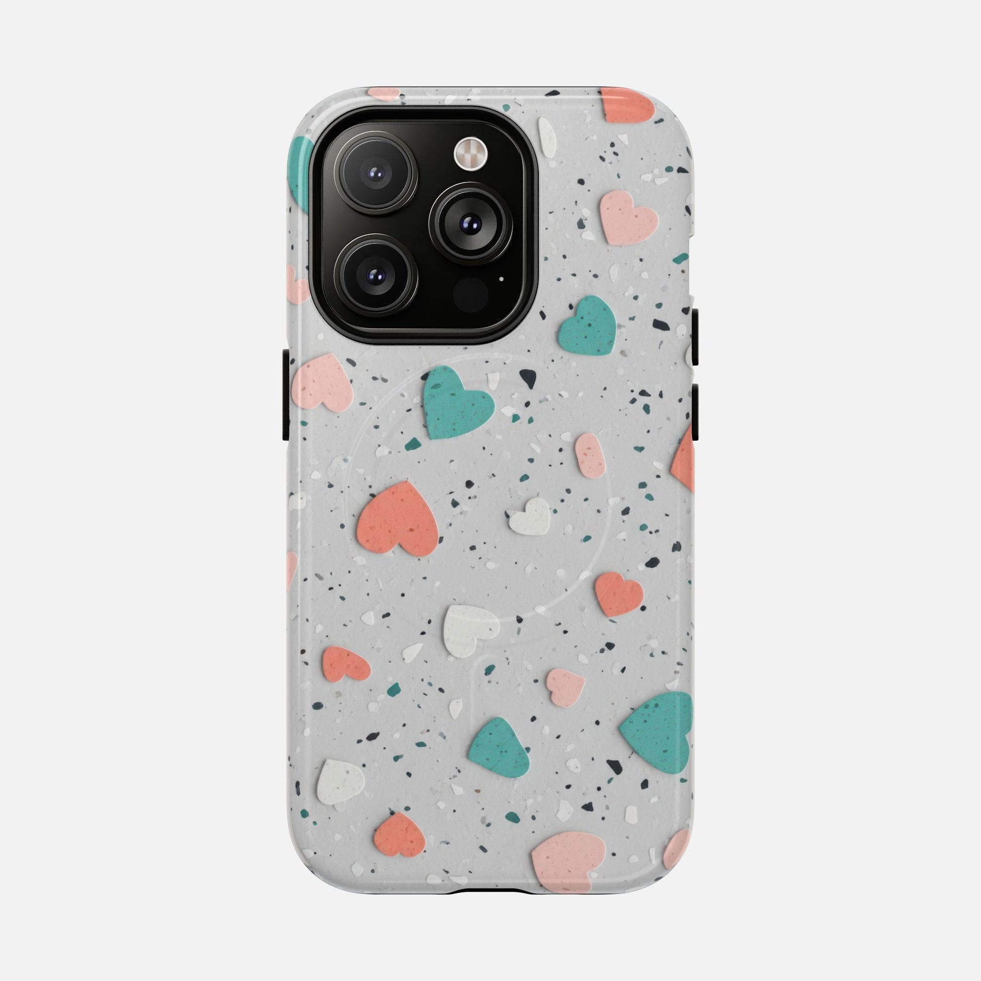 Heart Confetti Tough Magnetic Phone Case — Colorful Terrazzo Love Design iPhone 14 Pro Glossy Phone Case