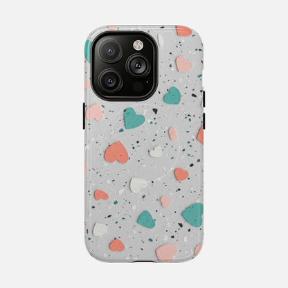 Heart Confetti Tough Magnetic Phone Case — Colorful Terrazzo Love Design iPhone 14 Pro Glossy Phone Case