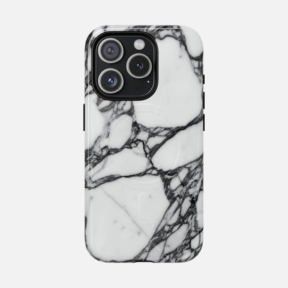 Marble design phone case with black and white veining, modern and protective cover
