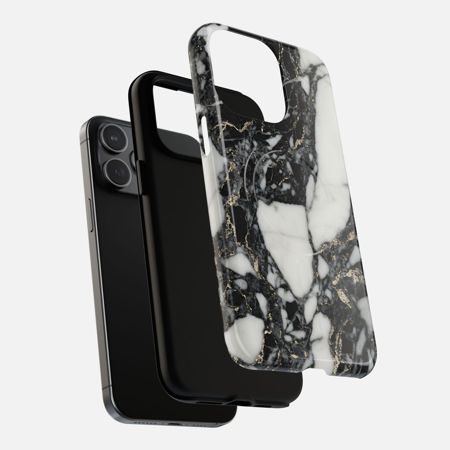Marble pattern phone case with black, white, and gold accents on a smartphone