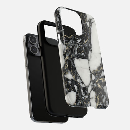 Marble pattern phone case with black, white, and gold accents on a smartphone