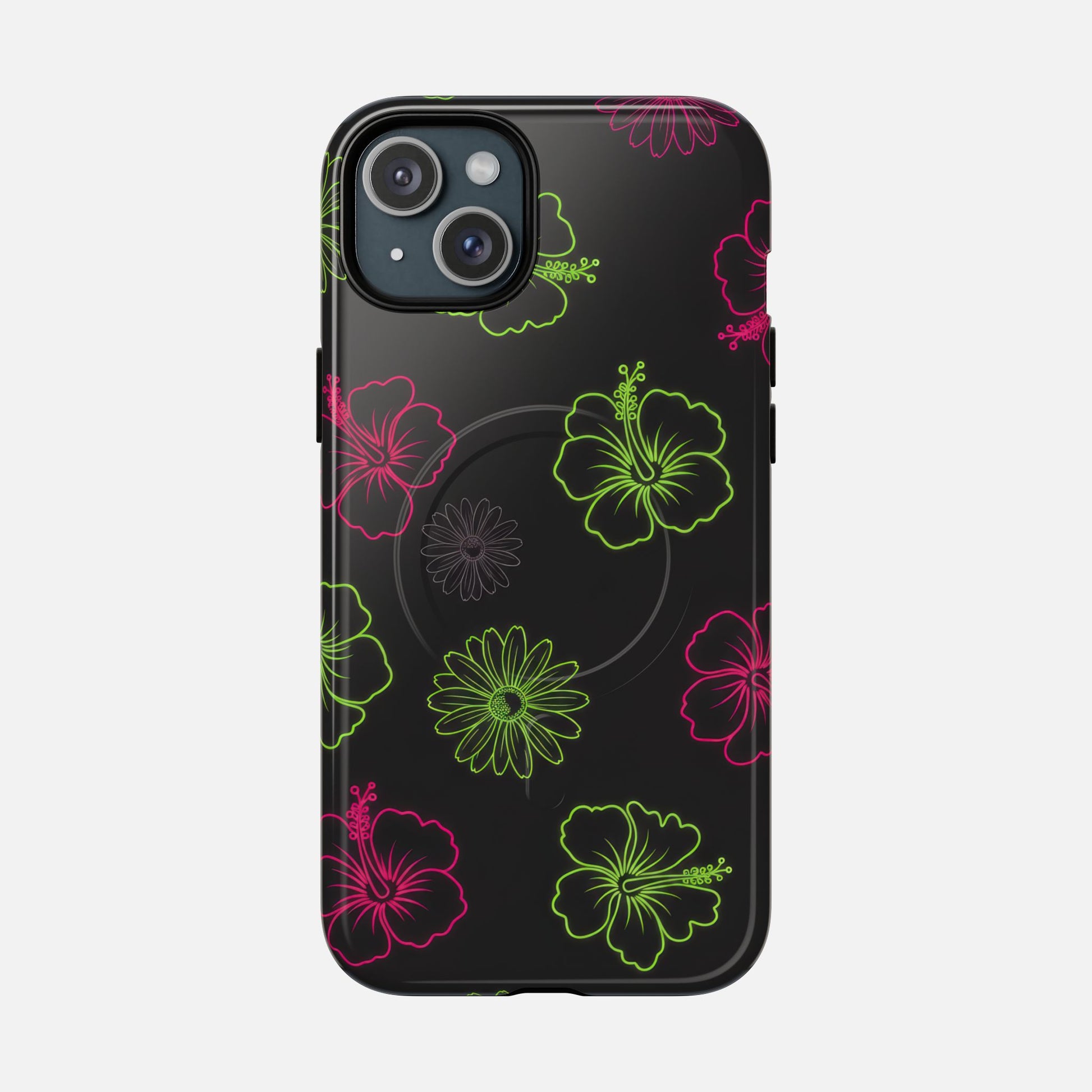 Neon Hibiscus Tough Magnetic Phone Case — Tropical Floral Protective Cover iPhone 15 Plus Glossy Phone Case
