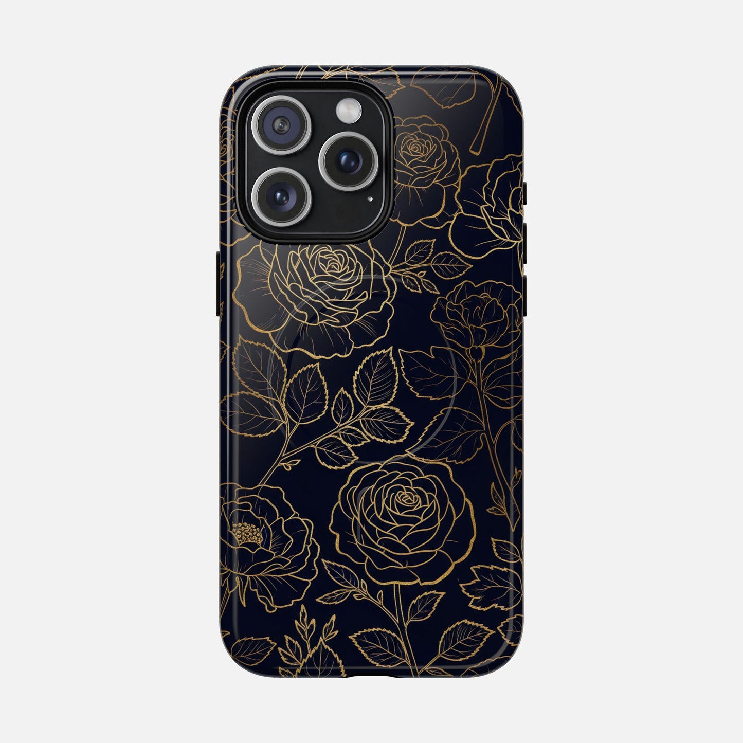 Floral Gold Outline Tough Magnetic Case — Elegant Black Rose Phone Cover iPhone 15 Pro Max Glossy Phone Case