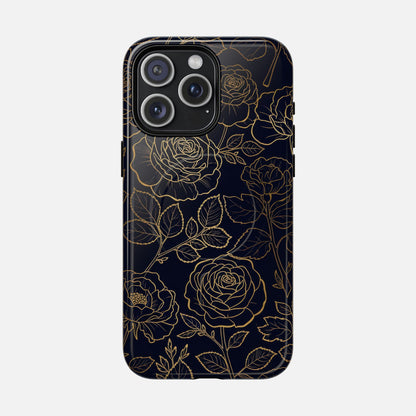 Floral Gold Outline Tough Magnetic Case — Elegant Black Rose Phone Cover iPhone 15 Pro Max Glossy Phone Case