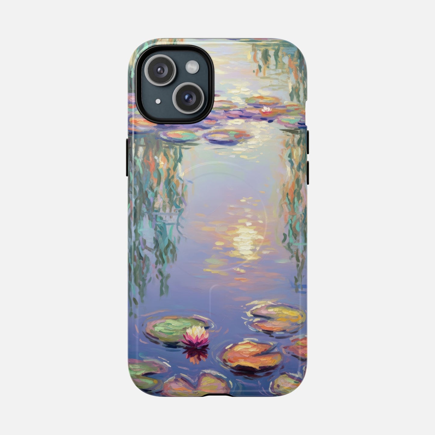 iPhone case with Monet-style water lily pond artwork, colorful floral design for phone protection