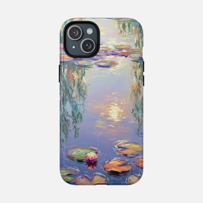 iPhone case with Monet-style water lily pond artwork, colorful floral design for phone protection