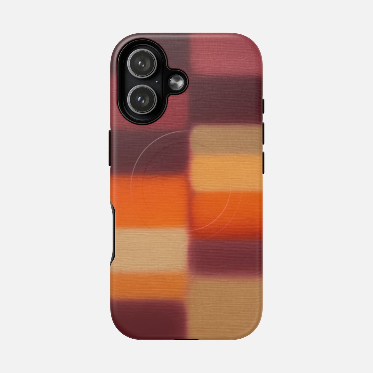 Phone case with autumn plaid pattern in red, orange, and tan hues for iPhone 12