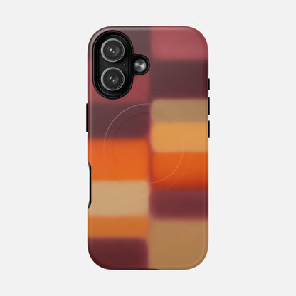 Phone case with autumn plaid pattern in red, orange, and tan hues for iPhone 12