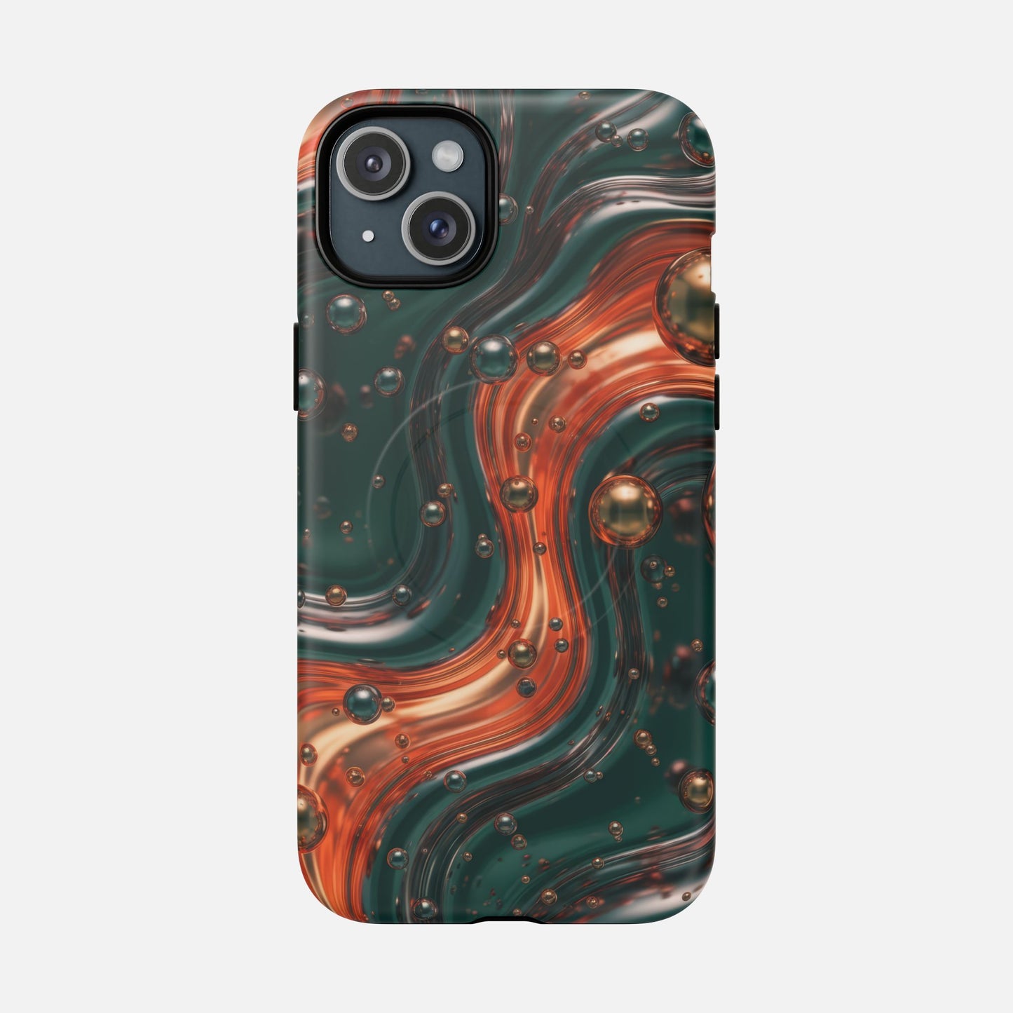 Magnetic Phone Case — Emerald & Copper Liquid Swirl Protective Cover iPhone 15 Plus Matte Phone Case