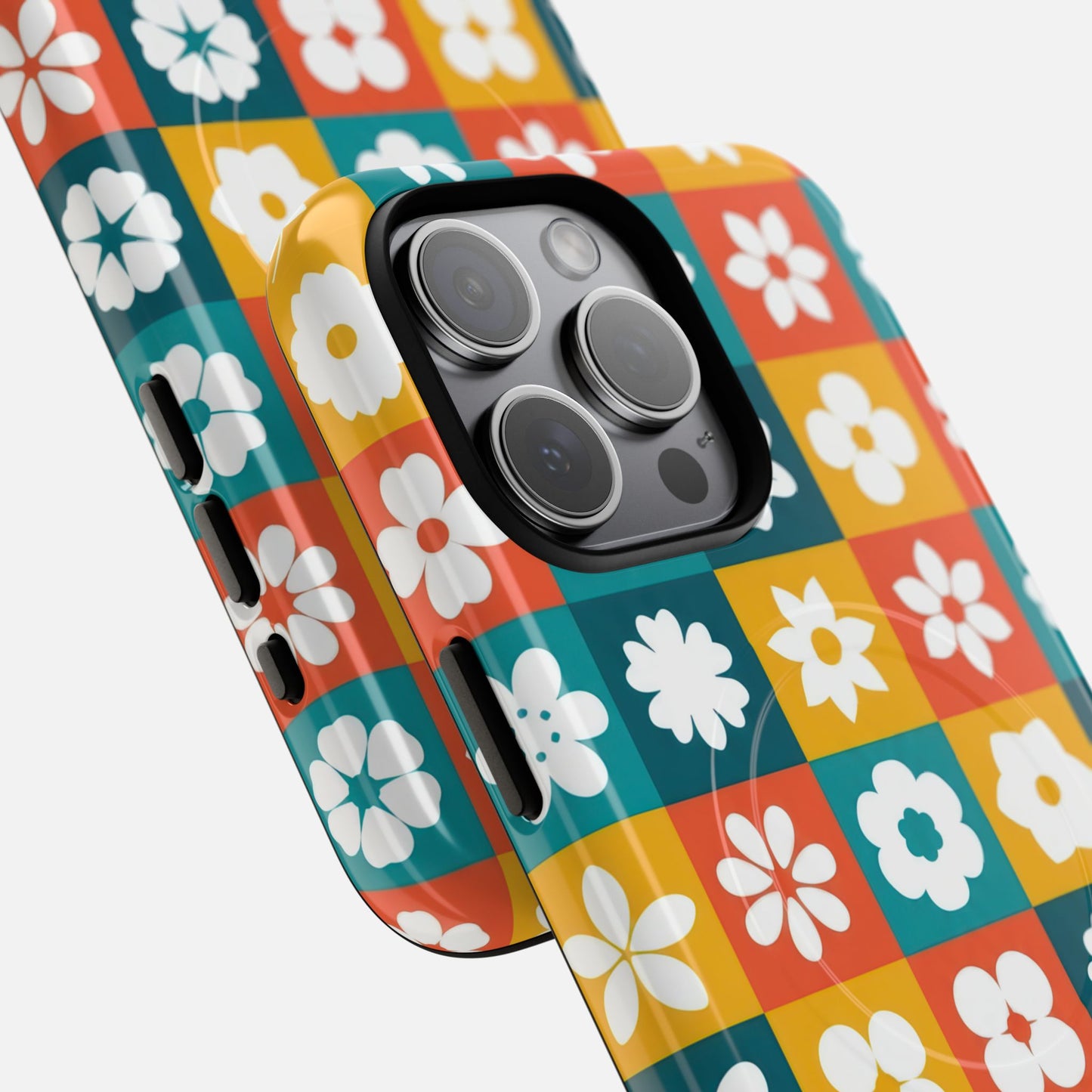 Floral Checkerboard Retro Color Block iPhone Case — Tough Magnetic | MagSafe Compatible