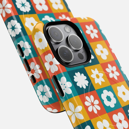 Floral Checkerboard Retro Color Block iPhone Case — Tough Magnetic | MagSafe Compatible
