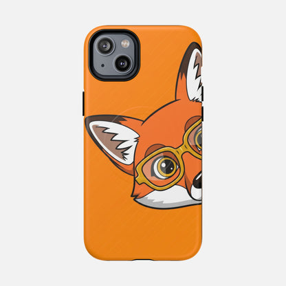 Cute fox with glasses phone case, orange background, creative design for iPhone