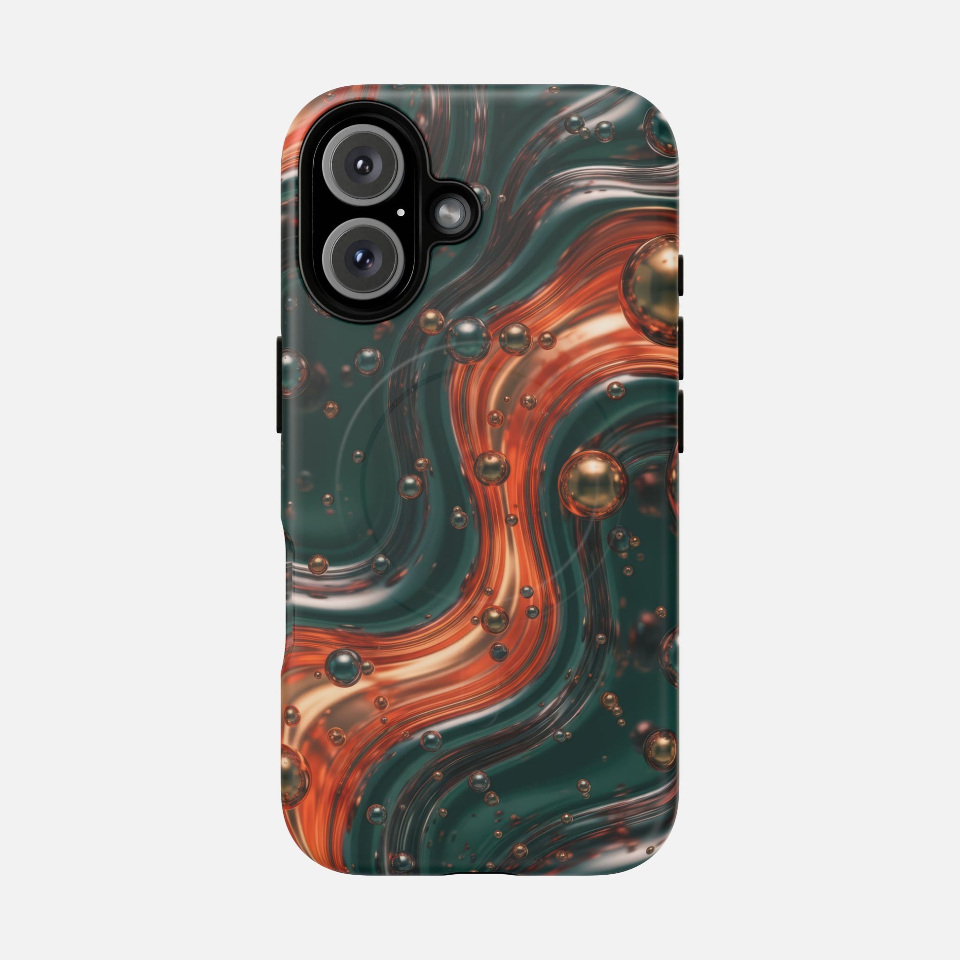 Magnetic Phone Case — Emerald & Copper Liquid Swirl Protective Cover iPhone 16 Matte Phone Case