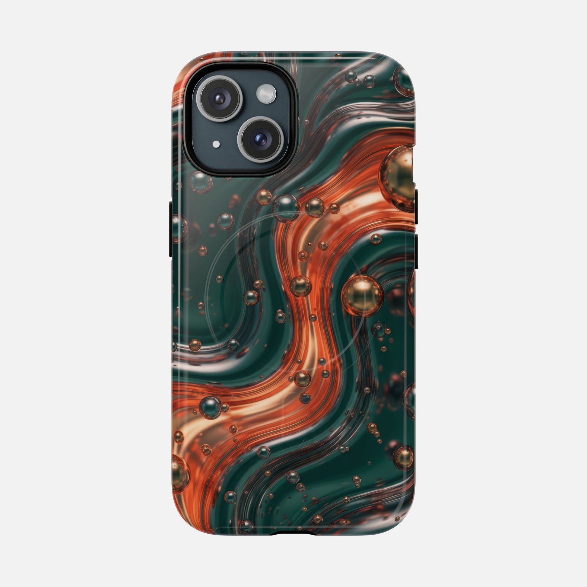 Magnetic Phone Case — Emerald & Copper Liquid Swirl Protective Cover iPhone 15 Glossy Phone Case