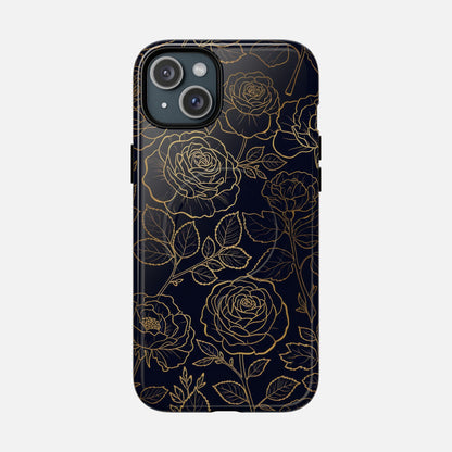 Floral Gold Outline Tough Magnetic Case — Elegant Black Rose Phone Cover iPhone 15 Plus Glossy Phone Case