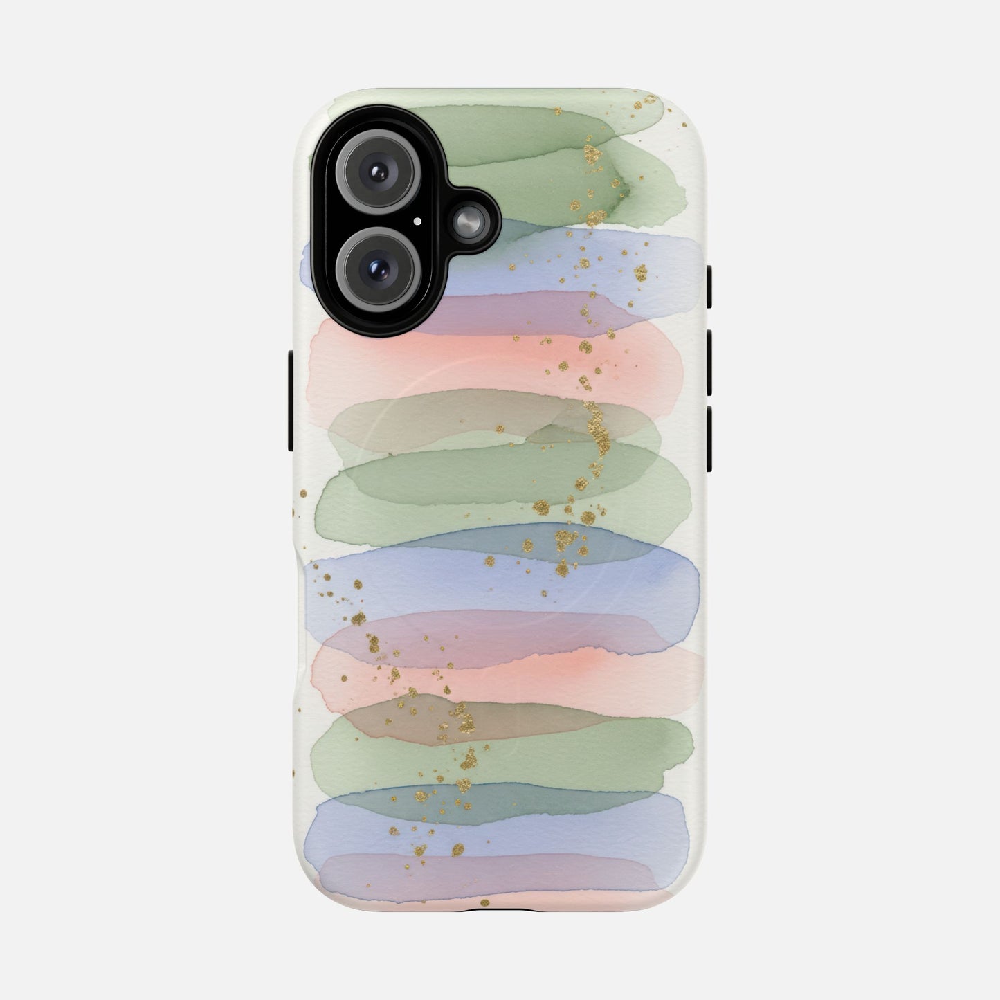 Pastel watercolor phone case with gold glitter, soft green pink blue stripes, modern artistic design
