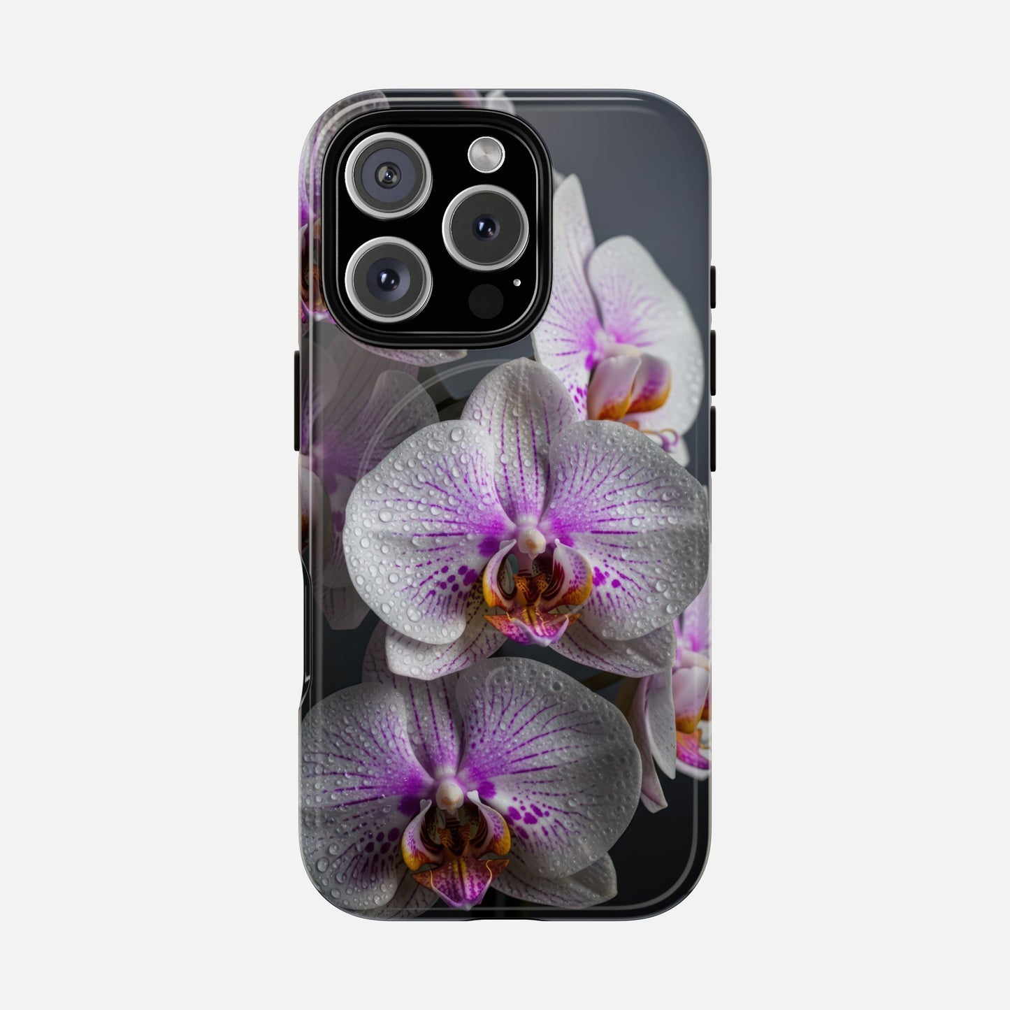 Orchid Bloom Tough Magnetic Phone Case — Waterdrop Floral Protection iPhone 16 Pro Glossy Phone Case