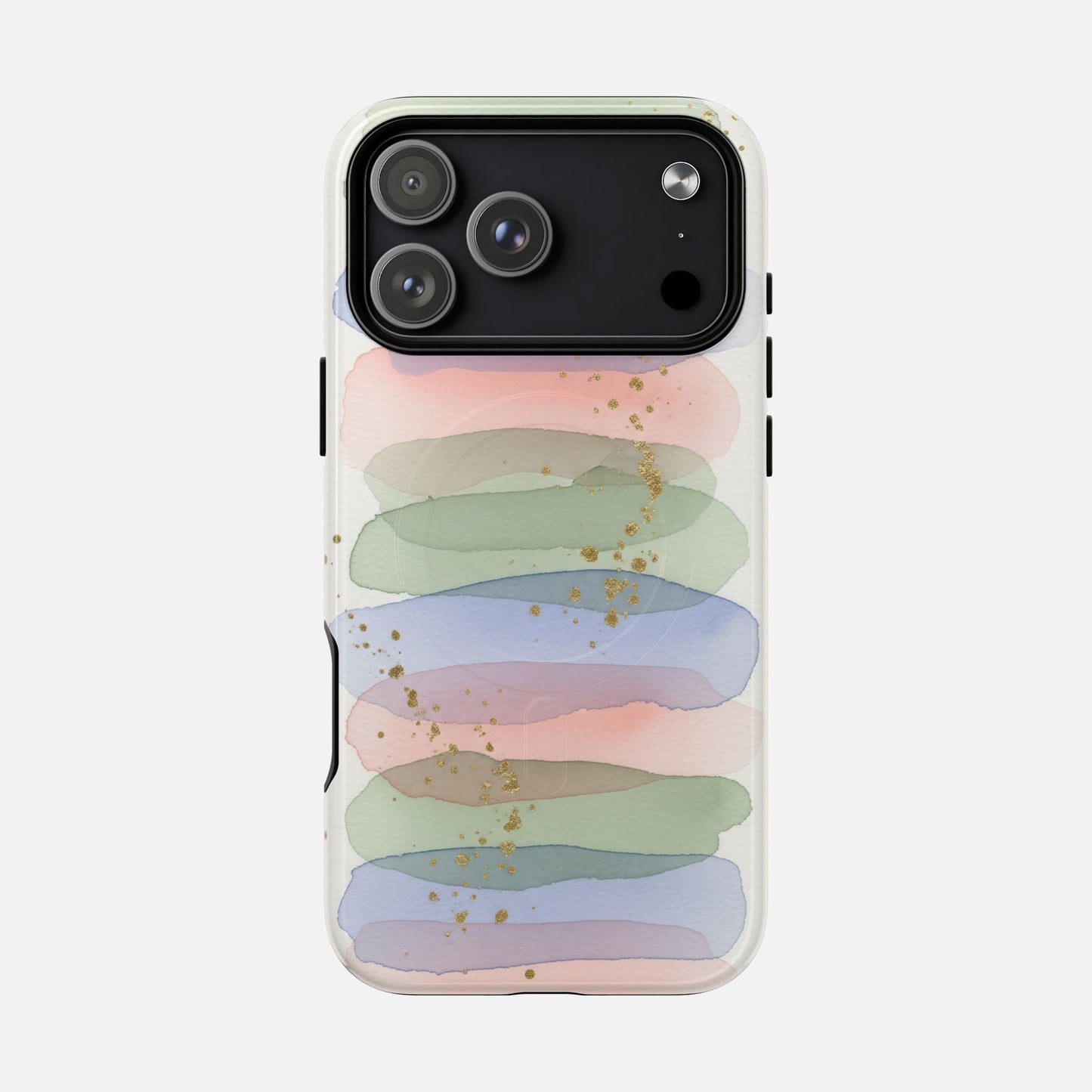Pastel watercolor phone case with gold speckles, modern abstract design for iPhone