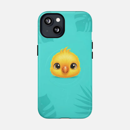 Cute yellow chick phone case with tropical leaf design on teal background